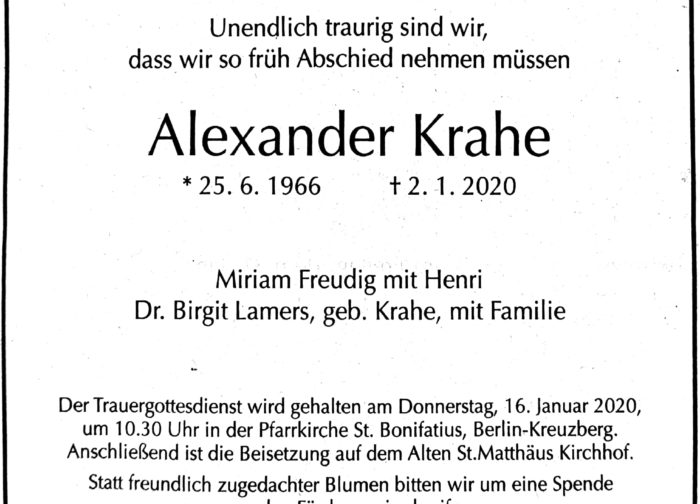 Nachruf Alexander Krahe
